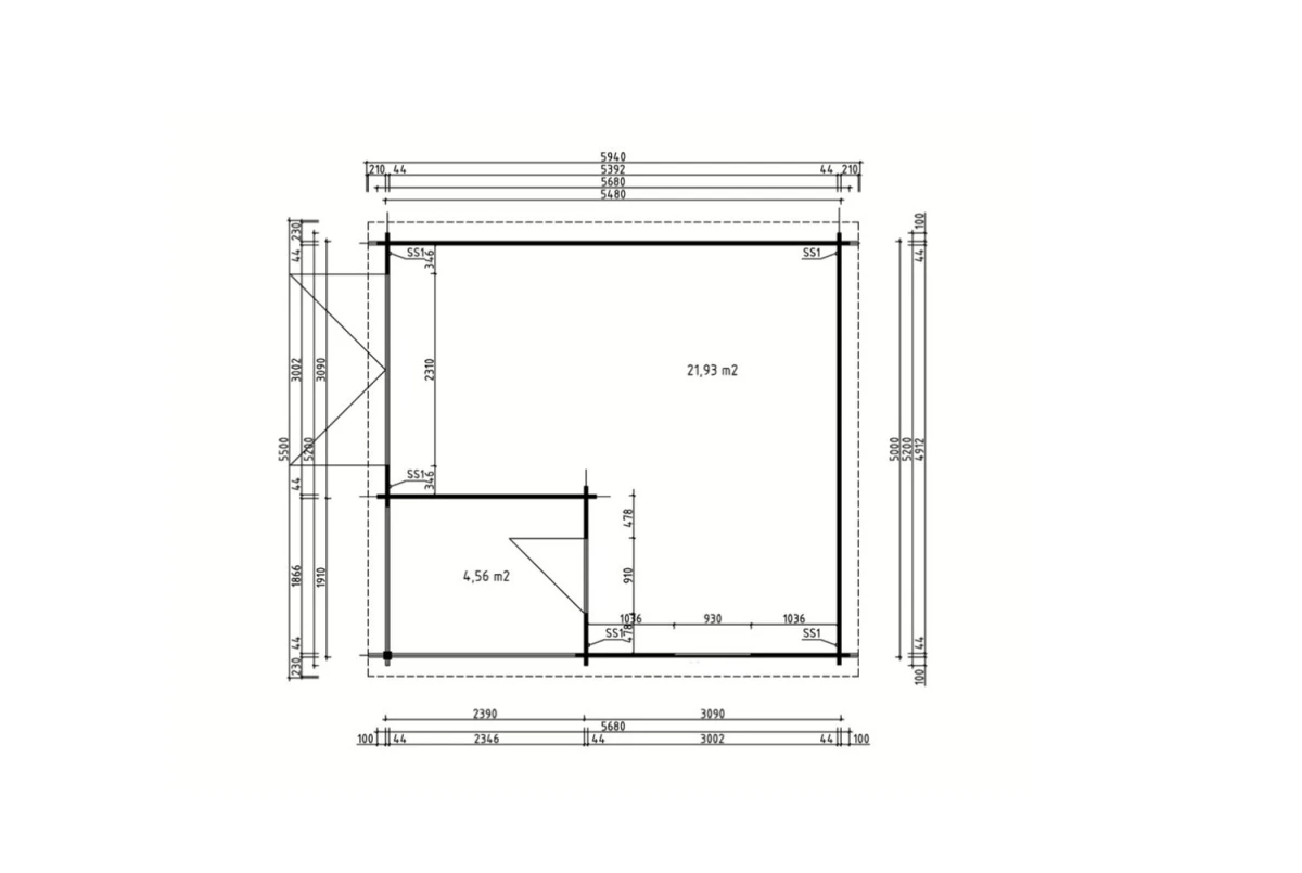 Garage bois traité autoclave LEVANT - Toit double pente avec auvent - 1 voiture - 21,93 m² + 4,56 m² - Madriers 44 mm