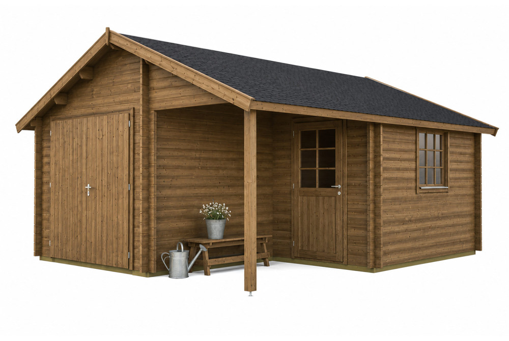 Garage bois traité autoclave LEVANT - Toit double pente avec auvent - 1 voiture - 21,93 m² + 4,56 m² - Madriers 44 mm