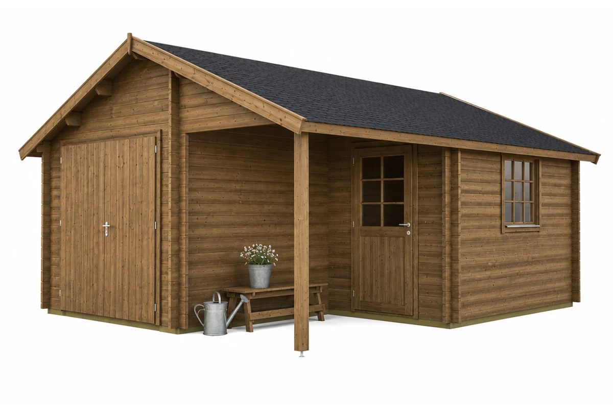 Garage bois traité autoclave LEVANT - Toit double pente avec auvent - 1 voiture - 21,93 m² + 4,56 m² - Madriers 44 mm