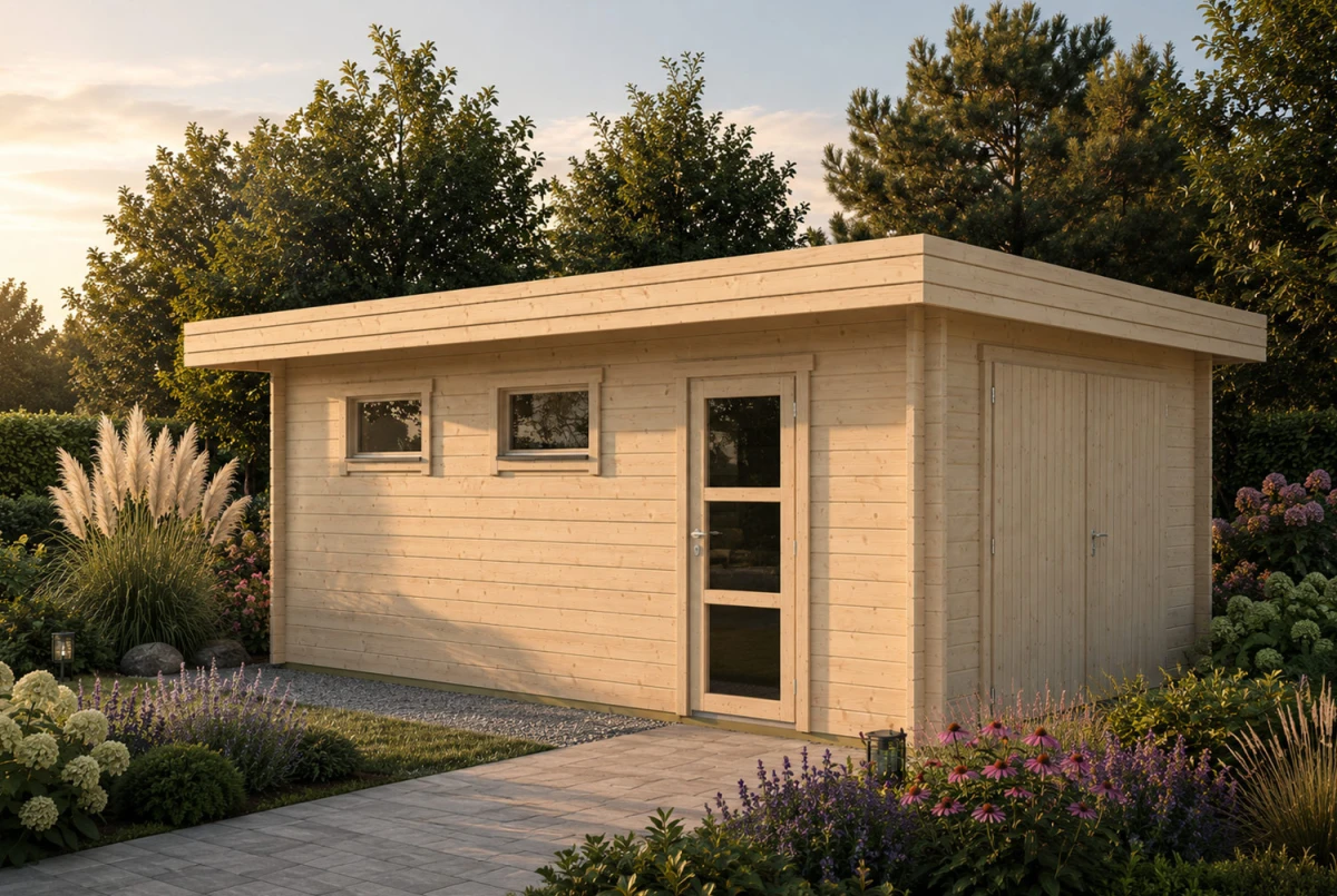 Garage bois brut CERS - Toit plat - 1 voiture - 19,71 m² - Madriers 44 mm