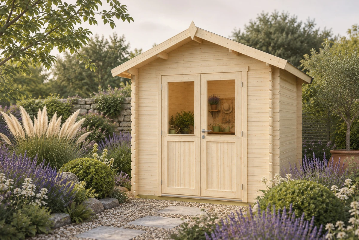 Abri de jardin bois brut MISTRAL E - Toit double pente - 6,73 m² - Madriers 44 mm