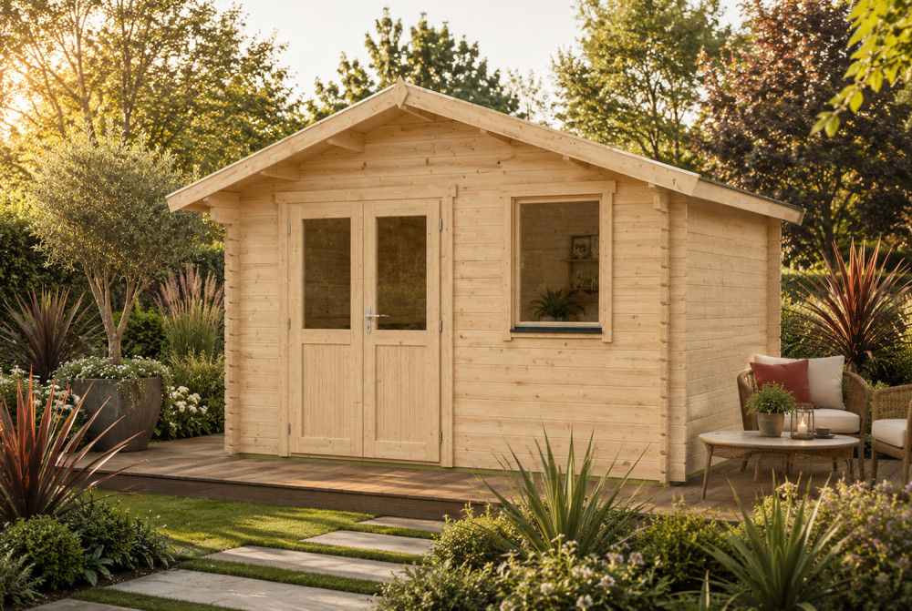 Abri de jardin bois brut MISTRAL I - Toit double pente - 10,23 m² - Madriers 44 mm