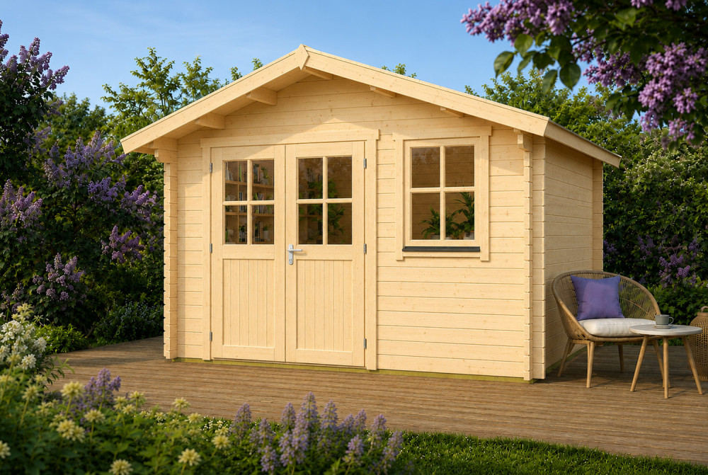 Abri de jardin bois brut MISTRAL J - Toit double pente - 13,78 m² - Madriers 44 mm