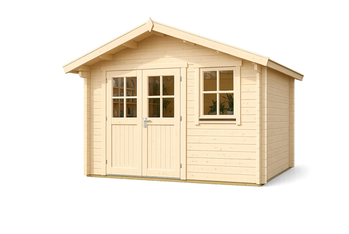 Abri de jardin bois brut MISTRAL J - Toit double pente - 13,78 m² - Madriers 44 mm