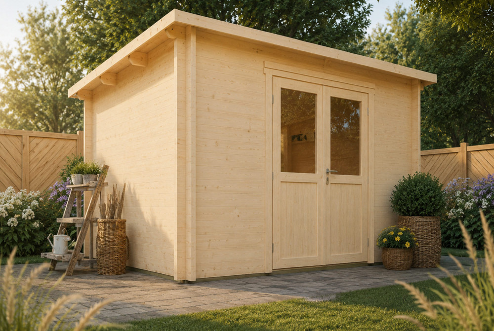 Abri de jardin bois brut ALTO 44 E - Toit monopente - 8,58 m² - Madriers 44 mm