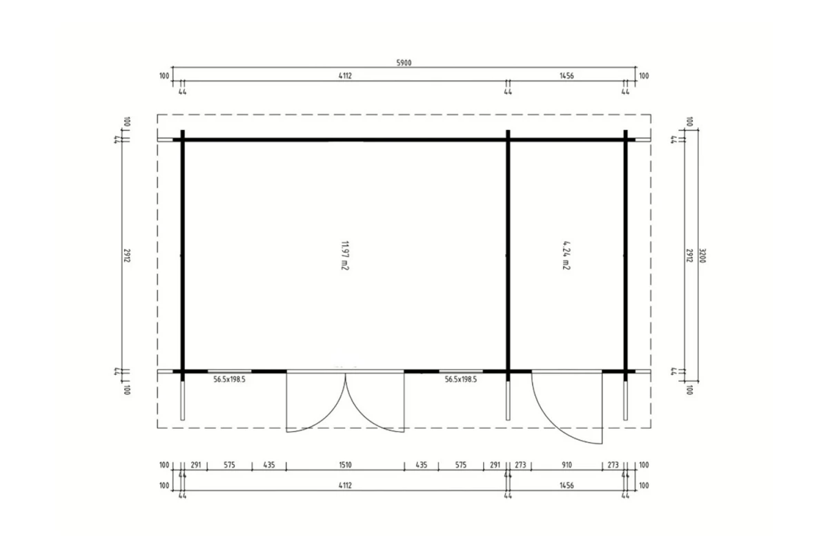 Abri de jardin bois brut CANOPÉE 44 B2 - Toit monopente - 2 pièces - 16,21m² - Madriers 44 mm