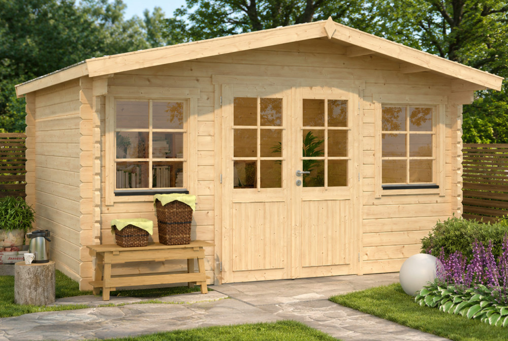 Abri de jardin bois brut LE BELVÉDÈRE - Toit double pente - 17,49 m² - Madriers 44 mm