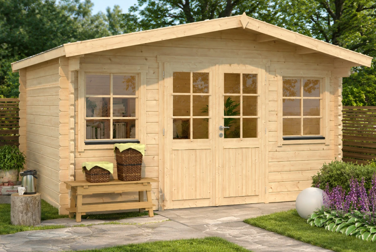 Abri de jardin bois brut LE BELVÉDÈRE - Toit double pente - 17,49 m² - Madriers 44 mm