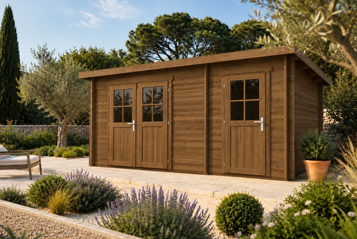 Abri de jardin bois traité autoclave HORIZON 5H - Toit plat - 2 pièces - 15,47 m² - Madriers 44 mm