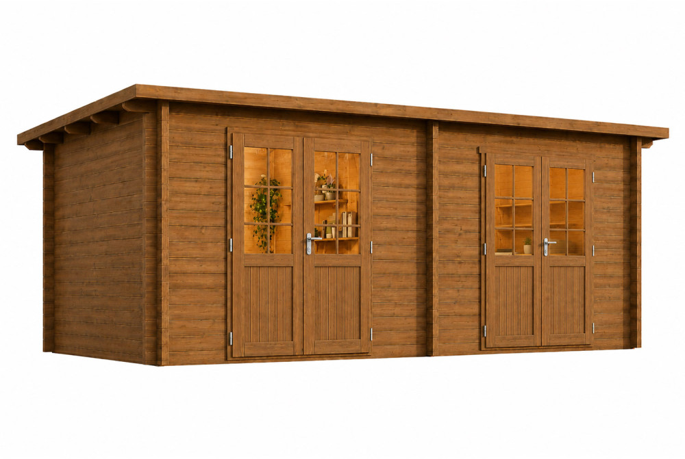 Abri de jardin bois traité autoclave HORIZON 6P - Toit plat - 2 pièces - 16,94 m² - Madriers 44 mm