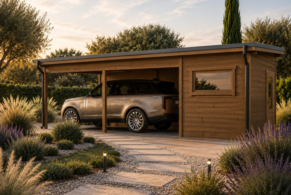 Carport voiture bois traité autoclave avec remise AERIS - Toit monopente - 1 voiture - 7,84 m² + 21,37 m² - Madriers 44 mm