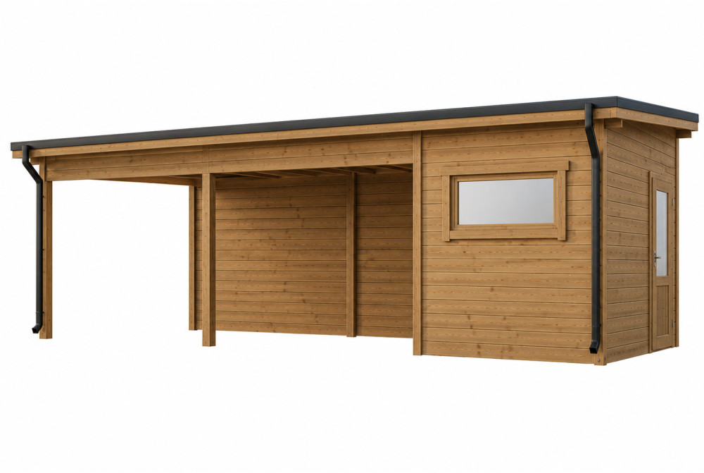 Carport voiture bois traité autoclave avec remise AERIS - Toit monopente - 1 voiture - 7,84 m² + 21,37 m² - Madriers 44 mm
