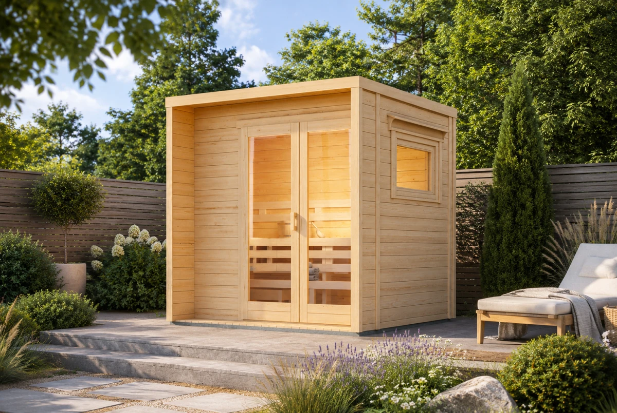 Sauna cabine extérieure à toit plat BOREAL A – 4,11 m² – Madriers 44 mm
