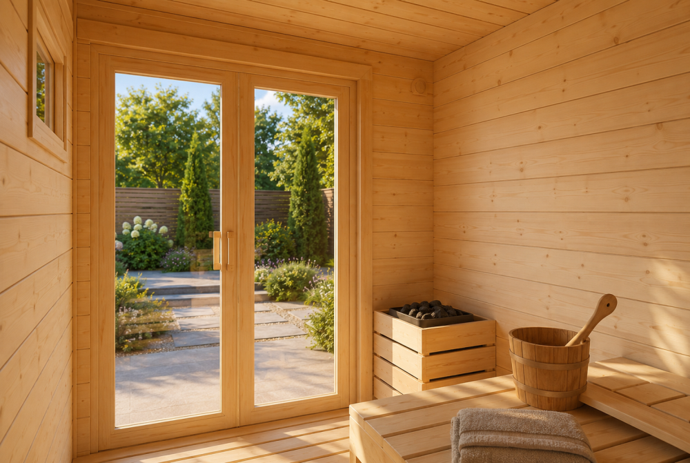 Sauna cabine extérieure à toit plat BOREAL A – 4,11 m² – Madriers 44 mm