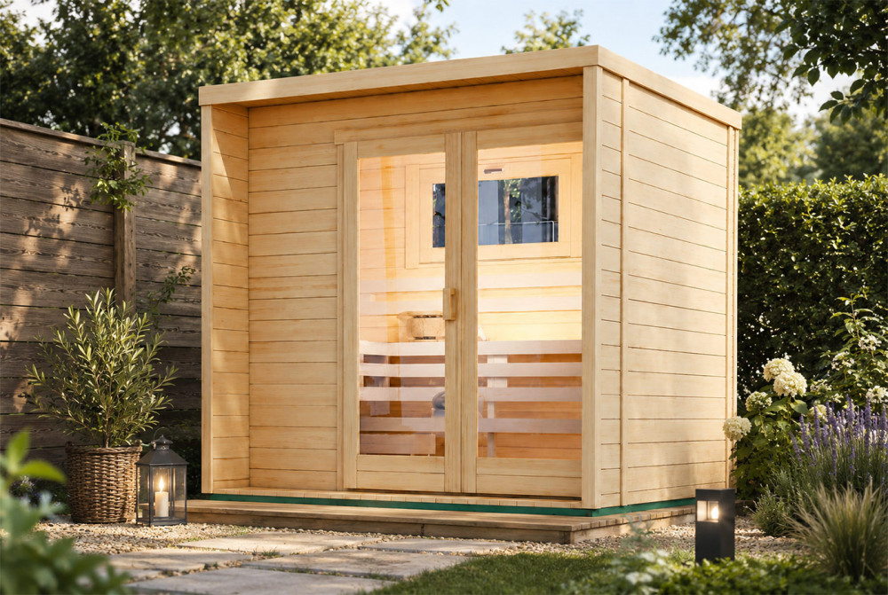 Sauna cabine extérieure à toit plat BOREAL B – 4,11 m² – Madriers 44 mm