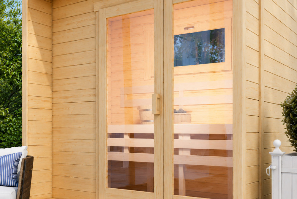 Sauna cabine extérieure à toit plat BOREAL B – 4,11 m² – Madriers 44 mm