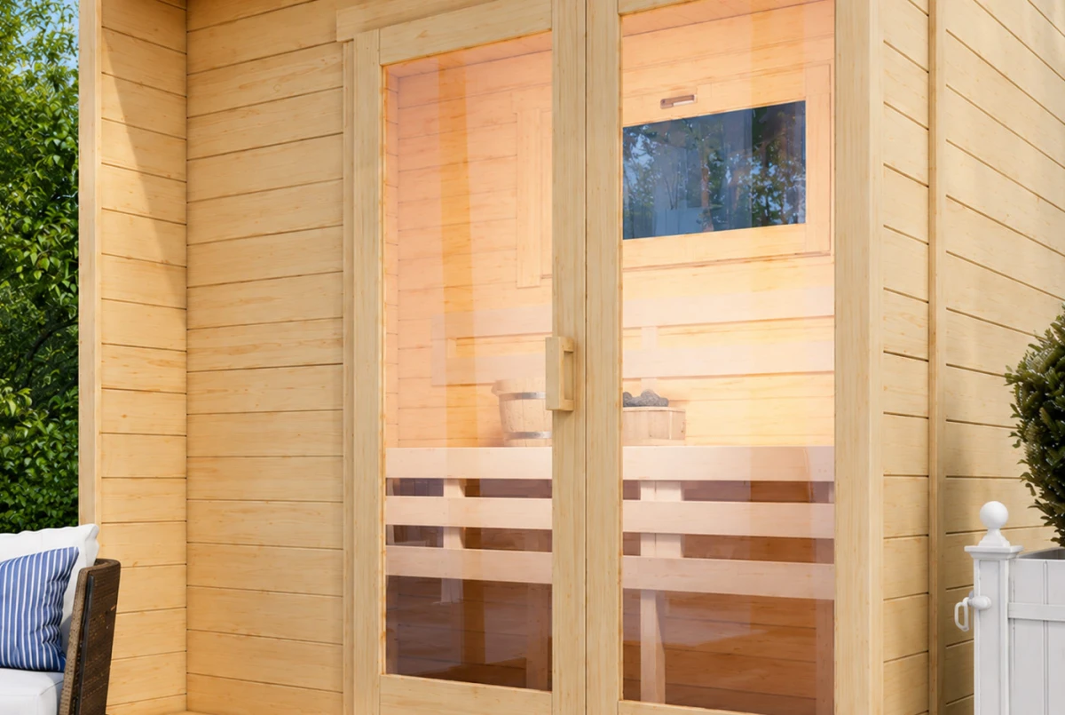 Sauna cabine extérieure à toit plat BOREAL B – 4,11 m² – Madriers 44 mm