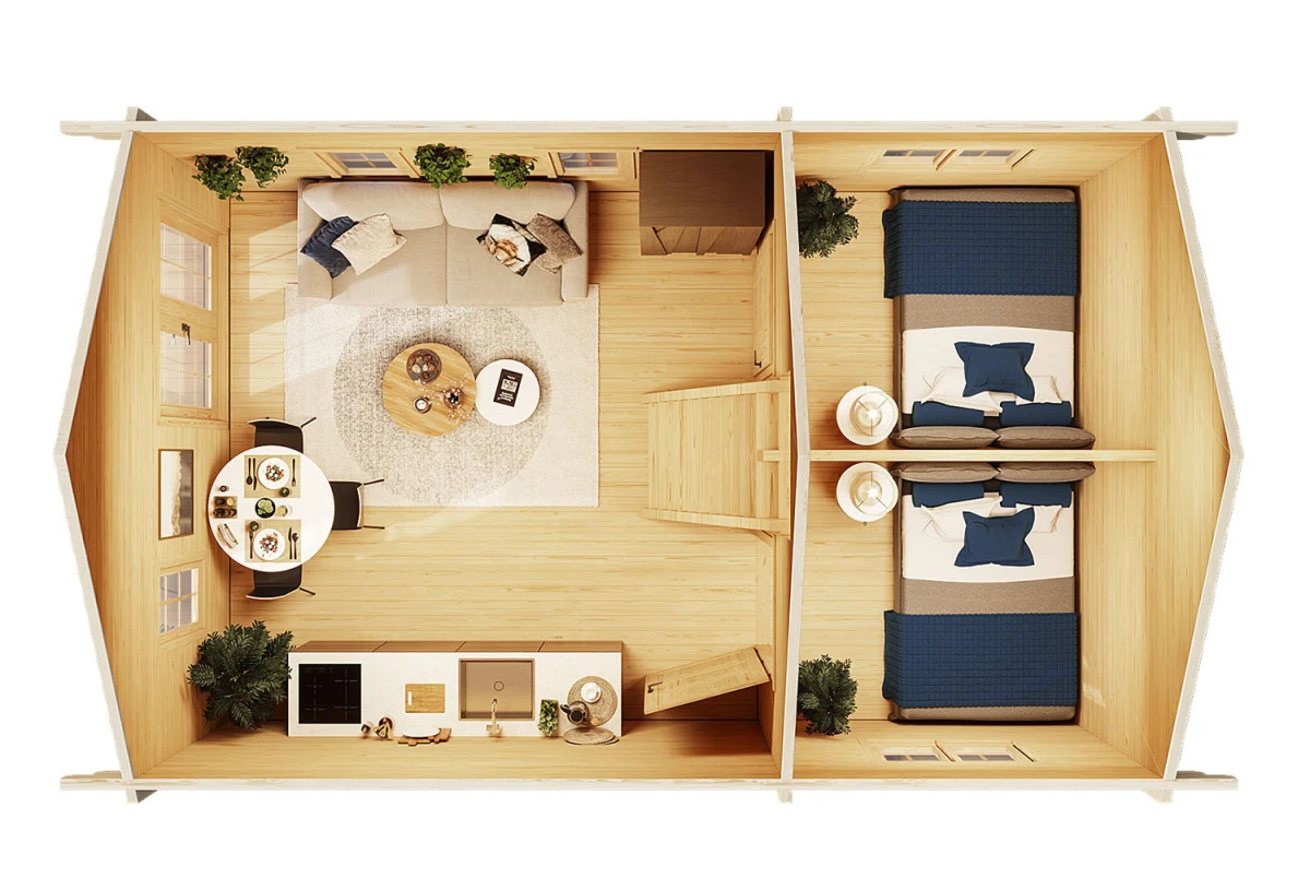 Chalet mezzanine bois brut ALTITUDE - Toit double pente - 3 pièces - 25,76 m² + 9,7 m² - Madriers 70 mm contrecollés