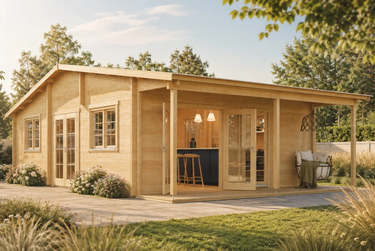 Chalet de jardin bois brut L'ÉCHAPPÉE BELLE - Toit double pente - 4 pièces - 40,79 m² + terrasse 6,65 m² - Madriers 70CC