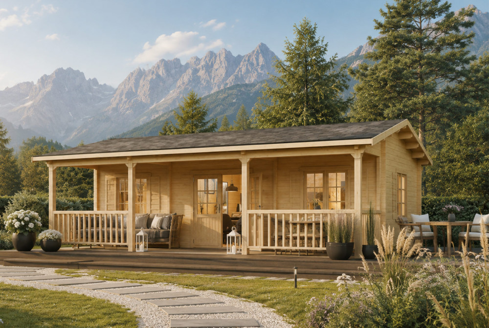 Chalet de jardin bois brut L'ÉVIDENCE - Toit double pente - 2 pièces - 31,54 m² + terrasse 13,56 m² - 70 mm CC