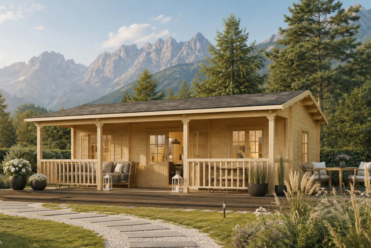Chalet de jardin bois brut L'ÉVIDENCE - Toit double pente - 2 pièces - 31,54 m² + terrasse 13,56 m² - 70 mm CC