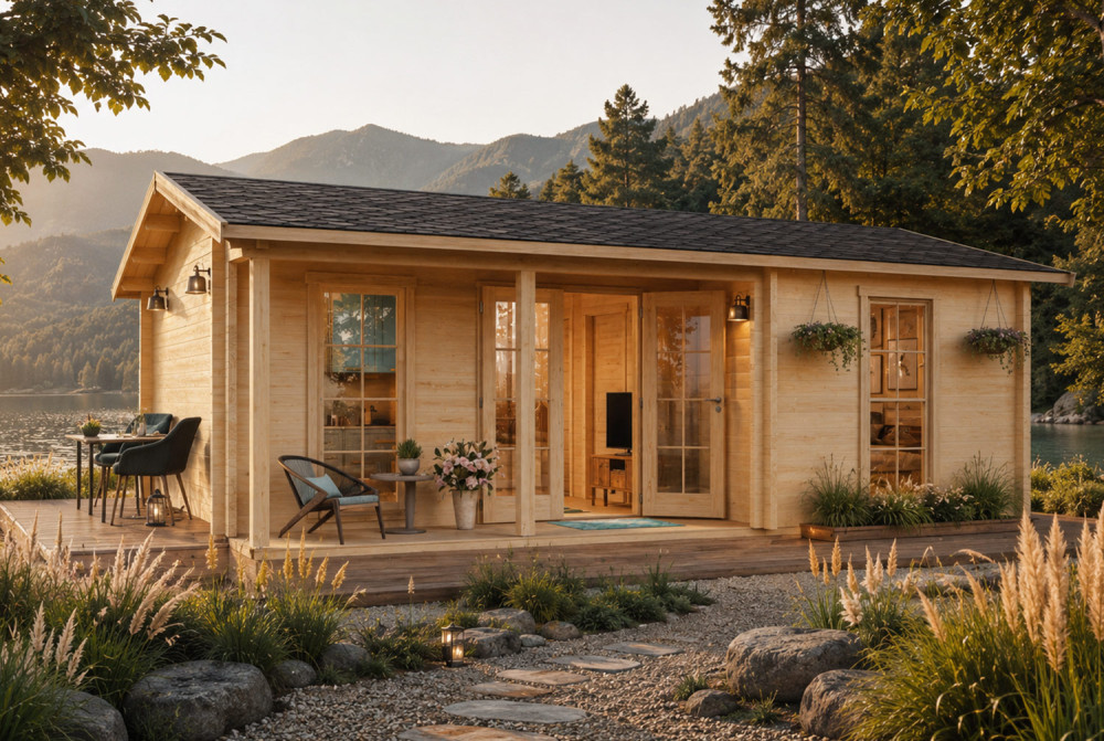 Chalet bois brut L'ÉCLIPSE - Toit double pente - 3 pièces - 28,97 m² avec auvent de 3,98 m² - Madriers 70 mm contrecollés