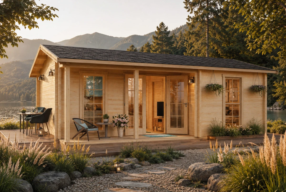 Chalet bois brut L'ÉCLIPSE - Toit double pente - 3 pièces - 28,97 m² avec auvent de 3,98 m² - Madriers 70 mm contrecollés