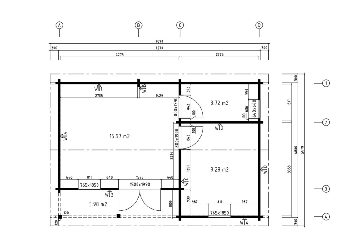 Chalet bois brut L'ÉCLIPSE - Toit double pente - 3 pièces - 28,97 m² avec auvent de 3,98 m² - Madriers 70 mm contrecollés