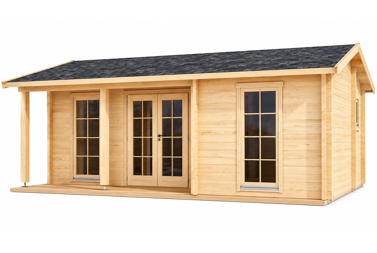 Chalet bois brut L'ÉCLIPSE - Toit double pente - 3 pièces - 28,97 m² avec auvent de 3,98 m² - Madriers 70 mm contrecollés