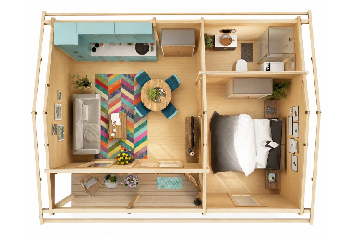 Chalet bois brut L'ÉCLIPSE - Toit double pente - 3 pièces - 28,97 m² avec auvent de 3,98 m² - Madriers 70 mm contrecollés