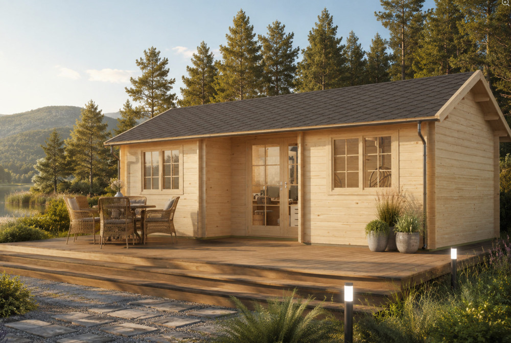 Chalet de jardin bois brut L'EMPREINTE - Toit double pente - 25,49 m² - Madriers 70 mm contrecollés