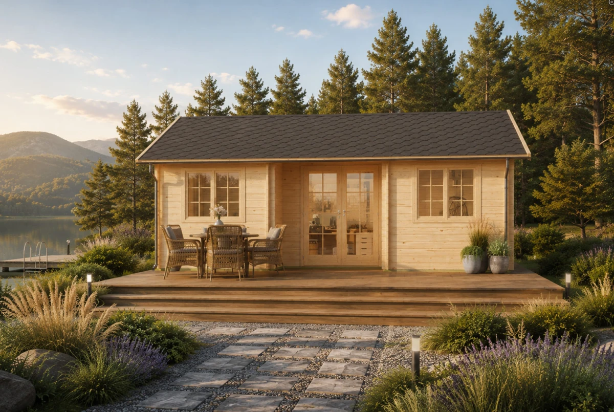 Chalet de jardin bois brut L'EMPREINTE - Toit double pente - 25,49 m² - Madriers 70 mm contrecollés