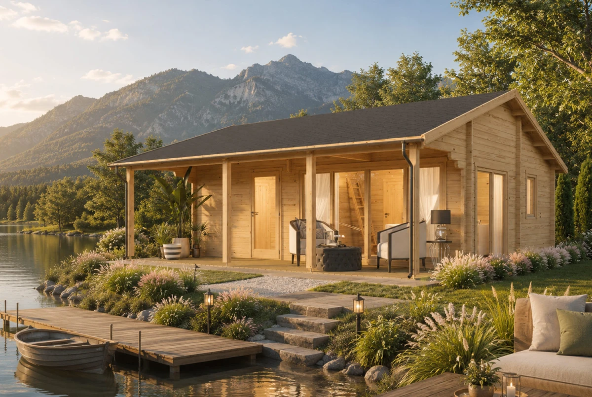 Chalet mezzanine bois brut LE COTTAGE - Toit double pente - 41,79 m² + 18,6m² avec terrasse de 15,5 m² - Madriers 70CC