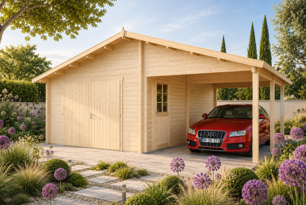 Garage bois brut BORÉE - Toit double pente avec auvent - 1 voiture - 19,97 m² + 20,71 m² - Madriers 70 mm contrecollés