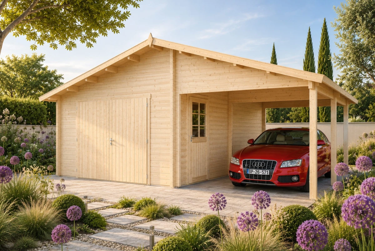 Garage bois brut BORÉE - Toit double pente avec auvent - 1 voiture - 19,97 m² + 20,71 m² - Madriers 70 mm contrecollés