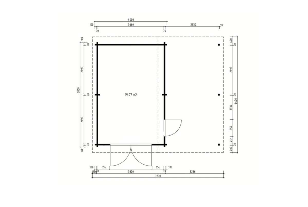 Garage bois brut BORÉE - Toit double pente avec auvent - 1 voiture - 19,97 m² + 20,71 m² - Madriers 70 mm contrecollés