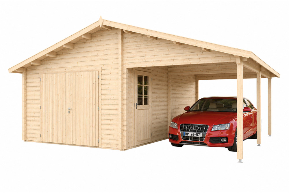 Garage bois brut BORÉE - Toit double pente avec auvent - 1 voiture - 19,97 m² + 20,71 m² - Madriers 70 mm contrecollés