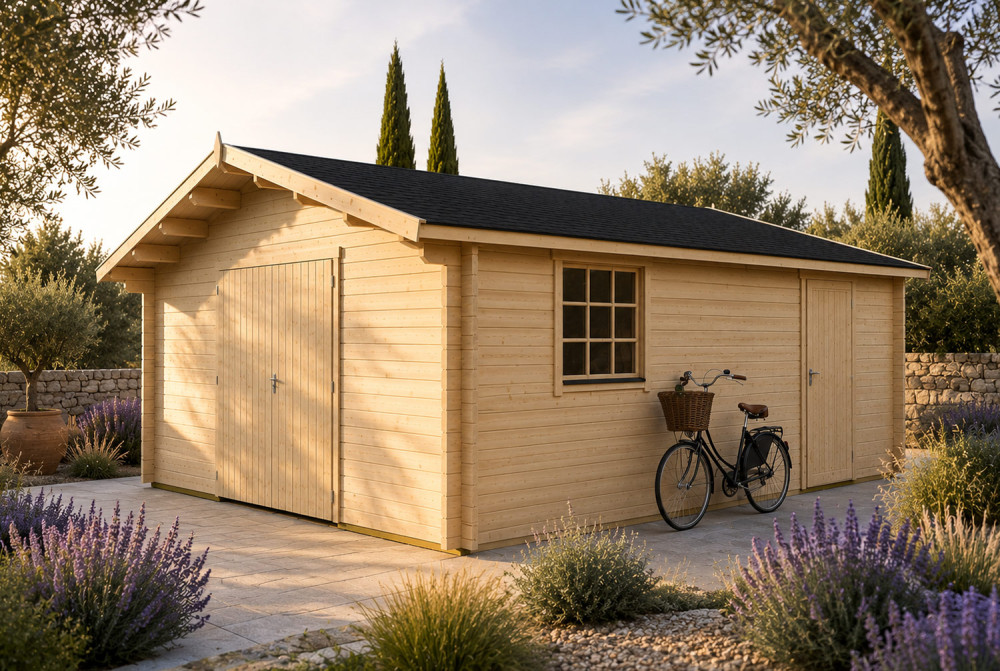 Garage bois brut AUTAN - Toit double pente - 1 voiture - 31,81 m² - Madriers 70 mm contrecollés