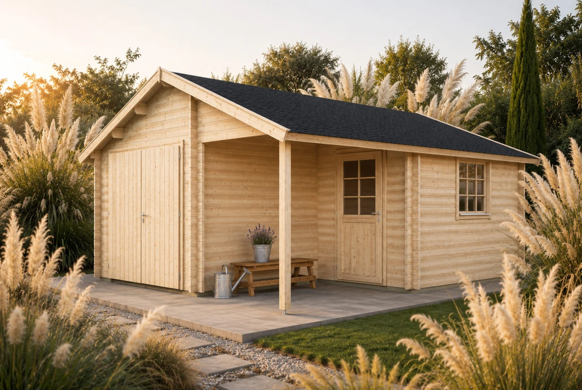 Garage bois brut LEVANT - Toit double pente avec auvent - 1 voiture - 21,93 m² + 4,56 m² - Madriers 70 mm contrecollés