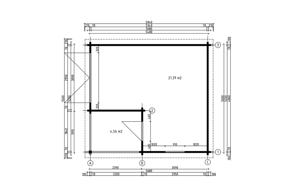 Garage bois brut LEVANT - Toit double pente avec auvent - 1 voiture - 21,93 m² + 4,56 m² - Madriers 70 mm contrecollés