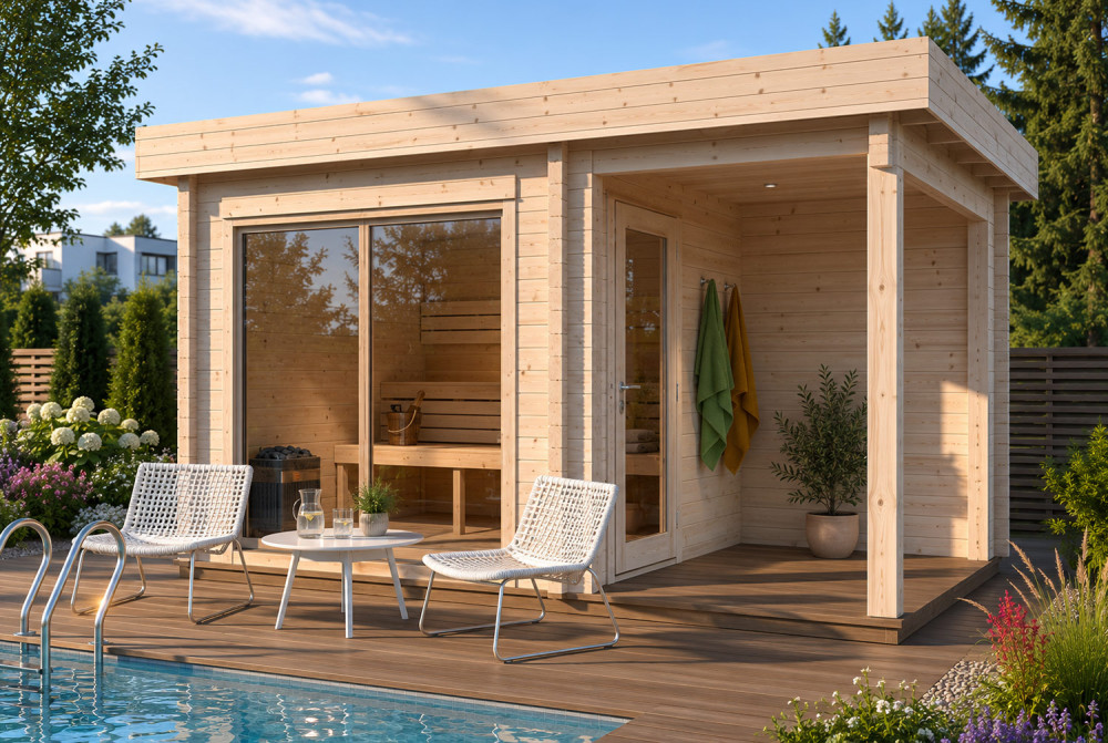 Sauna cabine extérieure à toit plat avec terrasse TOUNDRA 70B – 5,06 m² + terrasse 3,89 m² – Madriers 70 mm contrecollés