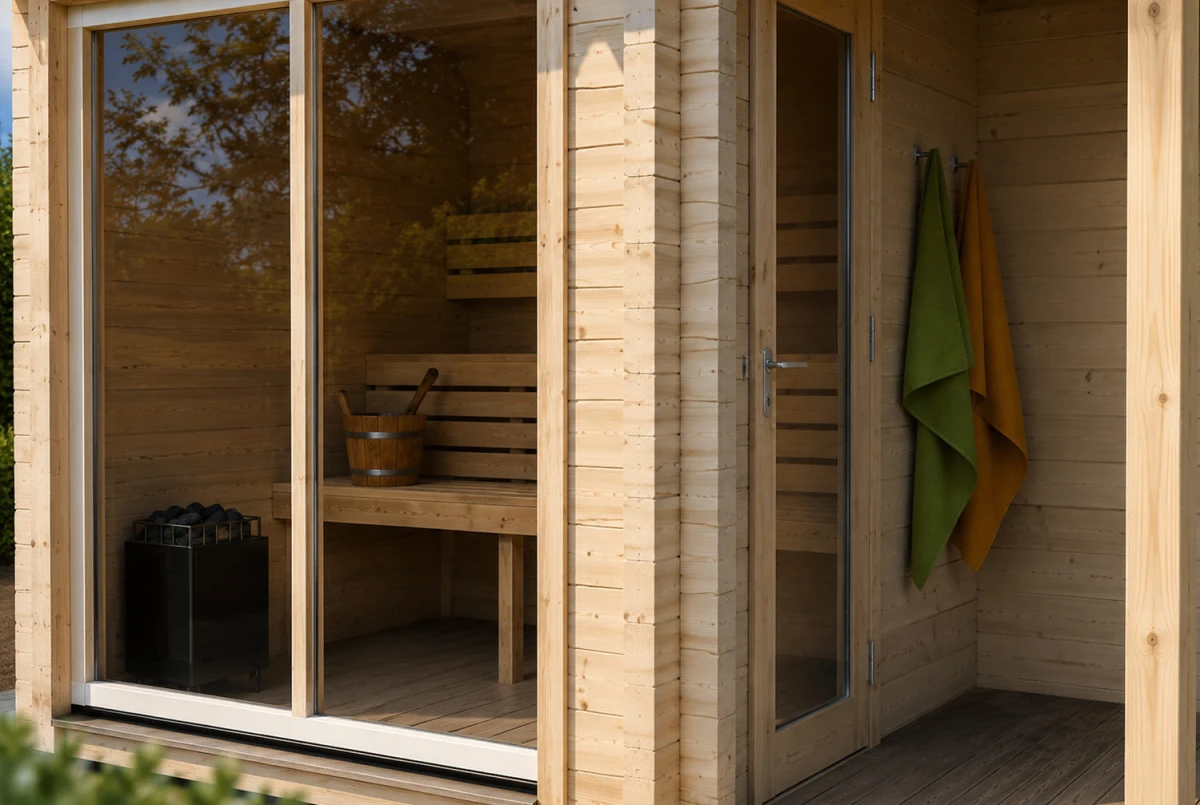 Sauna cabine extérieure à toit plat avec terrasse TOUNDRA 70B – 5,06 m² + terrasse 3,89 m² – Madriers 70 mm contrecollés