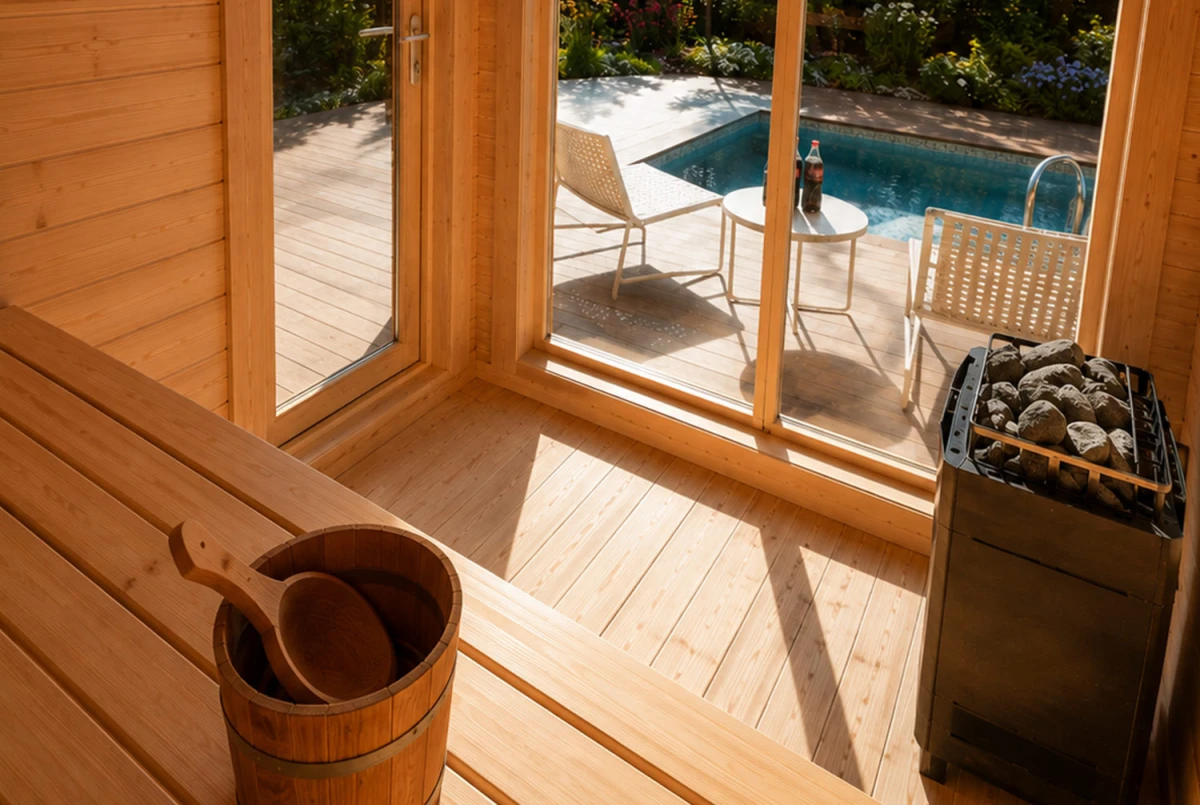Sauna cabine extérieure à toit plat avec terrasse TOUNDRA 70B – 5,06 m² + terrasse 3,89 m² – Madriers 70 mm contrecollés