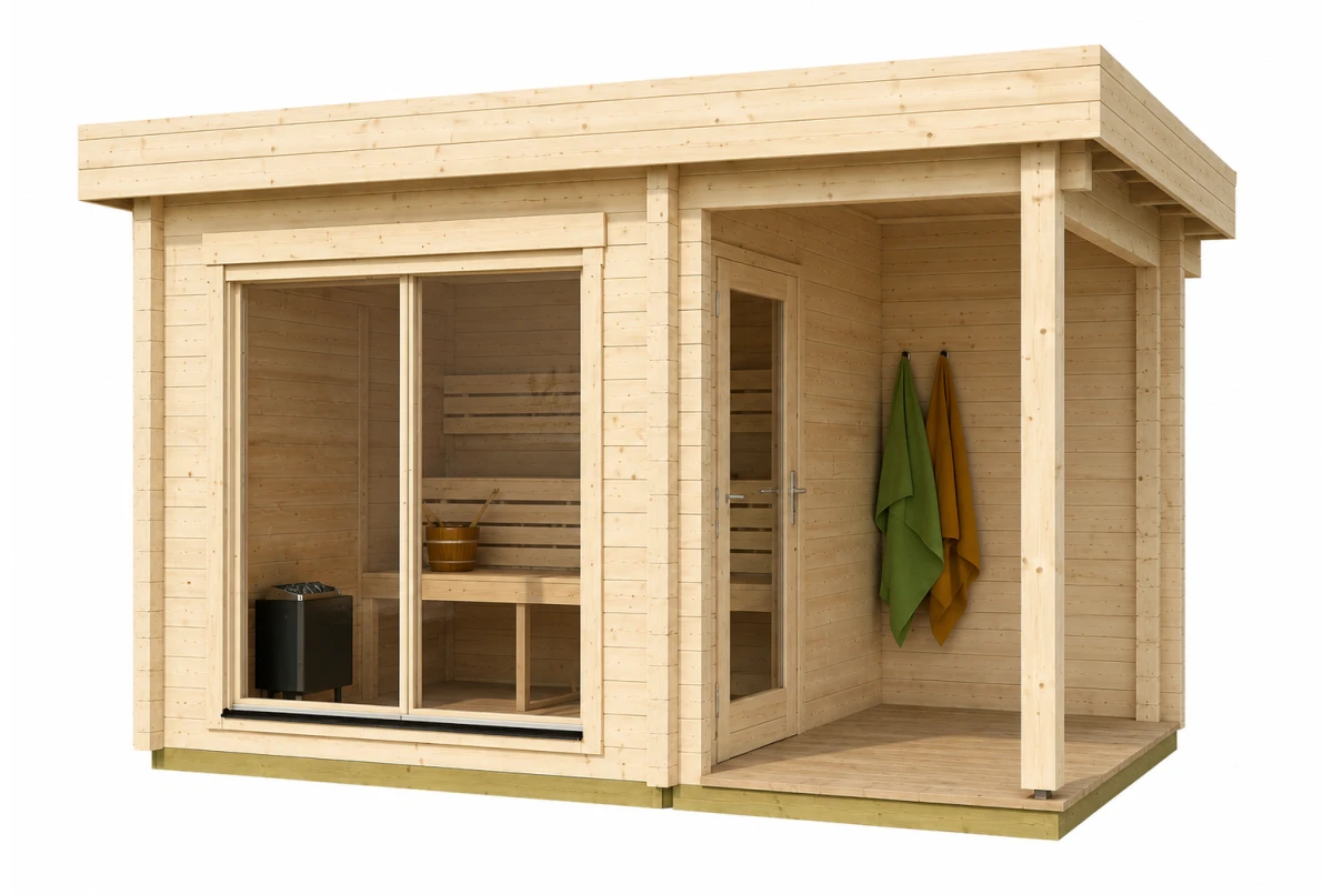 Sauna cabine extérieure à toit plat avec terrasse TOUNDRA 70B – 5,06 m² + terrasse 3,89 m² – Madriers 70 mm contrecollés
