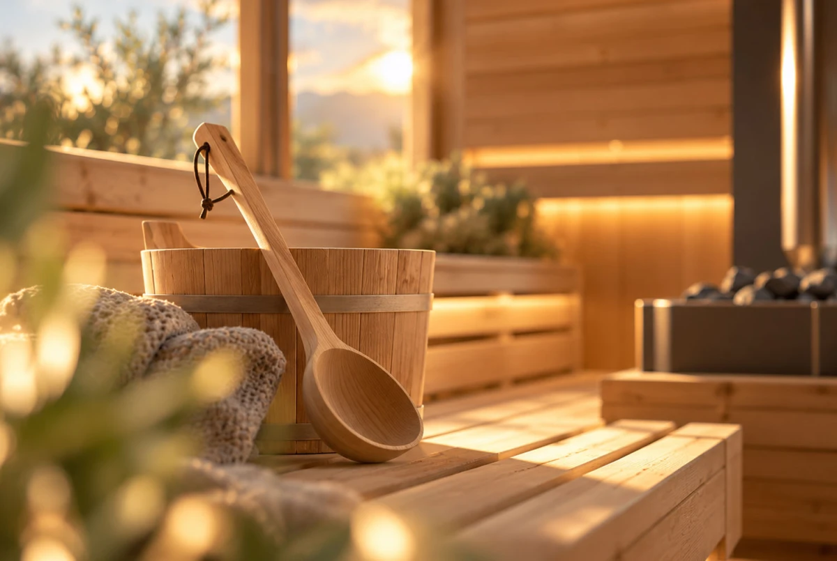 Sauna cabine extérieure à toit plat avec terrasse TOUNDRA 70B – 5,06 m² + terrasse 3,89 m² – Madriers 70 mm contrecollés