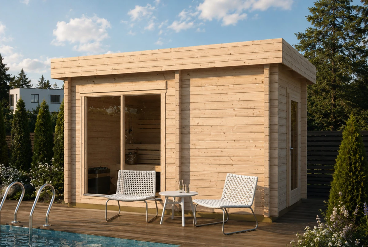 Sauna cabine extérieure 2 pièces à toit plat TOUNDRA 70C – 5,06 + 3,99 m² – Madriers 70 mm contrecollé