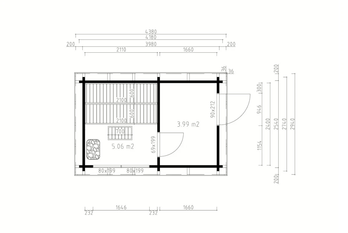 Sauna cabine extérieure 2 pièces à toit plat TOUNDRA 70C – 5,06 + 3,99 m² – Madriers 70 mm contrecollé