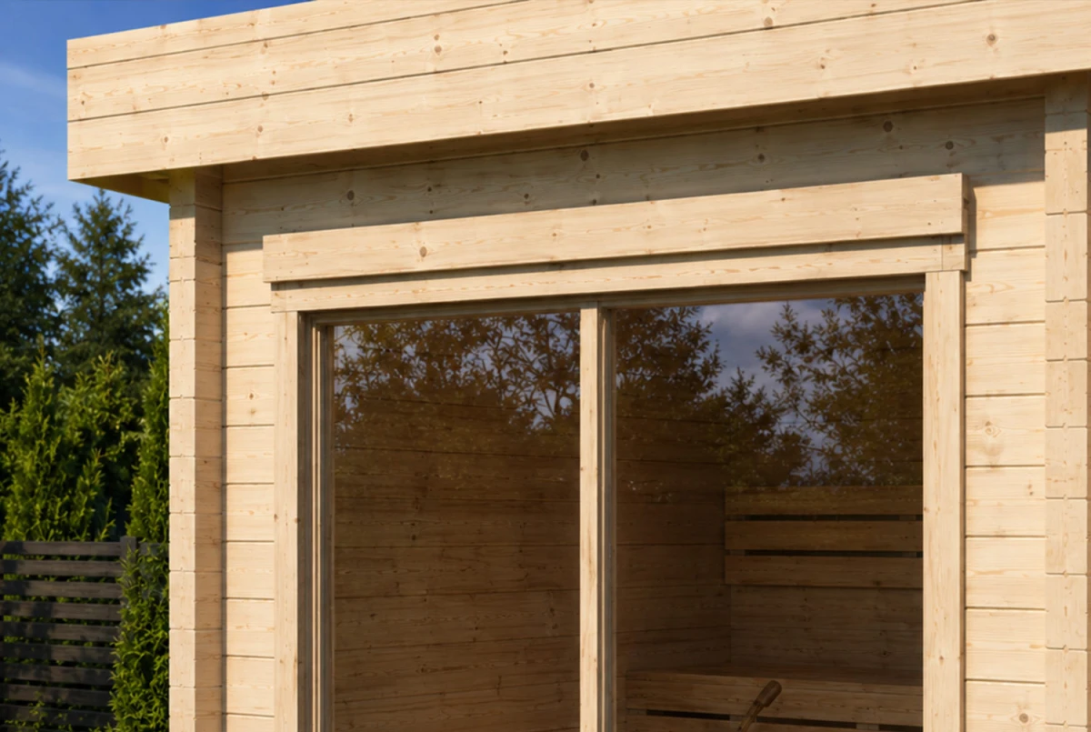 Sauna cabine extérieure 2 pièces à toit plat TOUNDRA 70C – 5,06 + 3,99 m² – Madriers 70 mm contrecollé