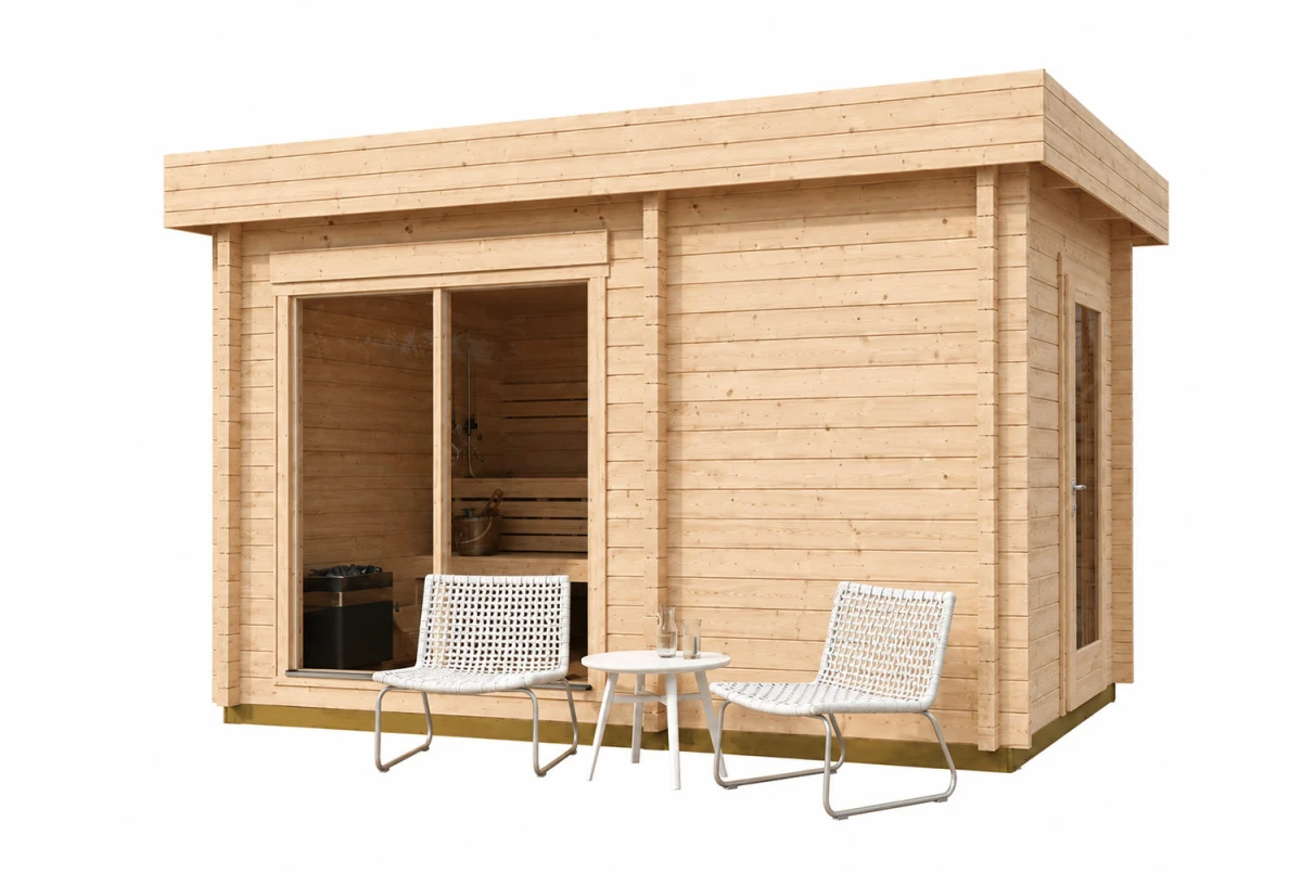 Sauna cabine extérieure 2 pièces à toit plat TOUNDRA 70C – 5,06 + 3,99 m² – Madriers 70 mm contrecollé