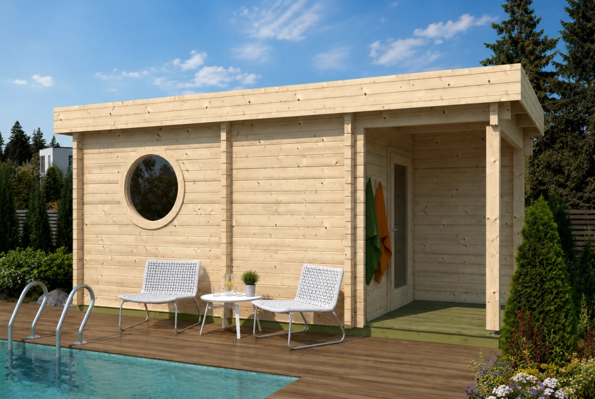 Sauna cabine extérieure 2 pièces à toit plat TOUNDRA 70D – 5,06 + 3,98 m² – Auvent 3,89 m² – Madriers 70 mm contrecollés